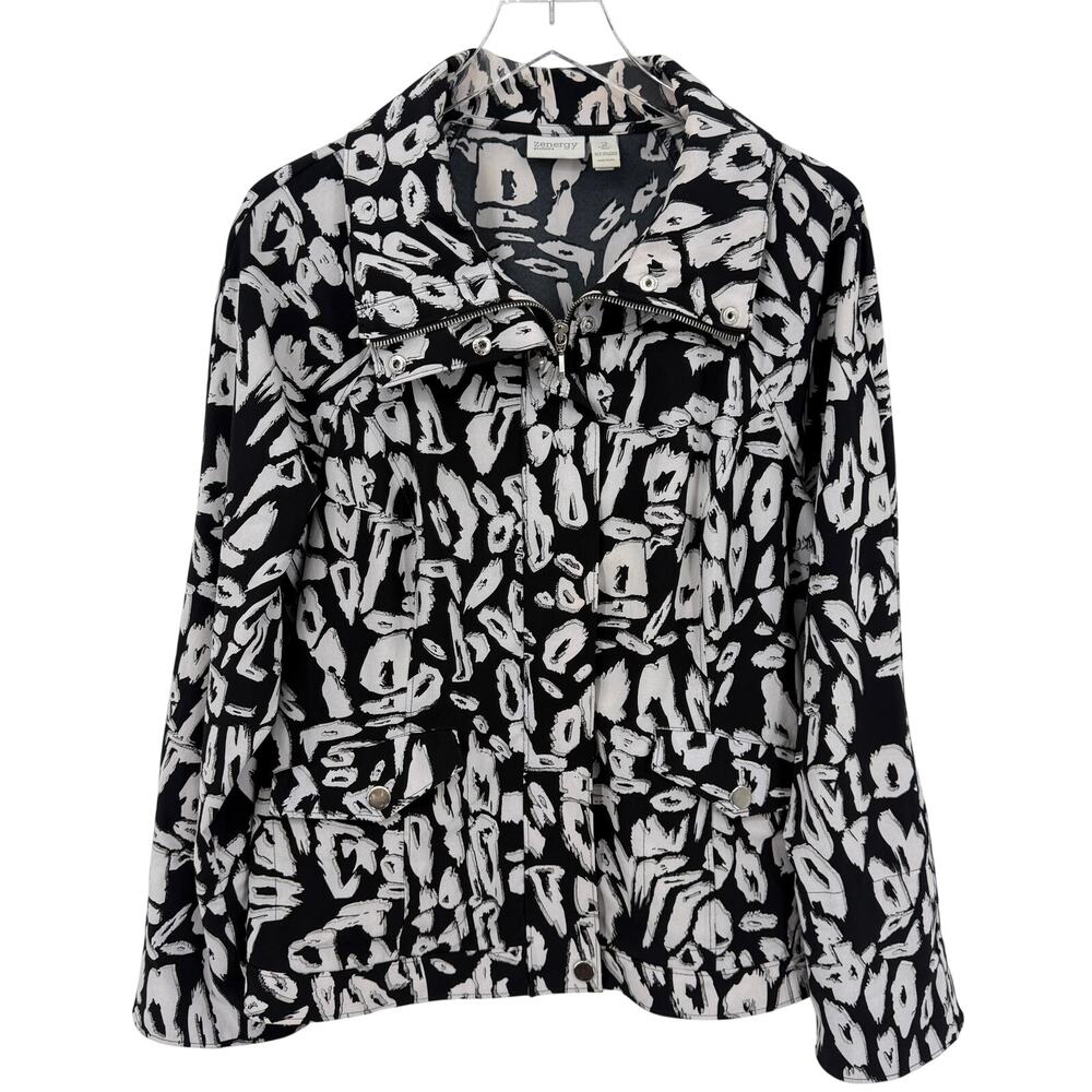 Chico's Zenergy Black White Jacket Size 2 Large Abstract Print Zip Front
